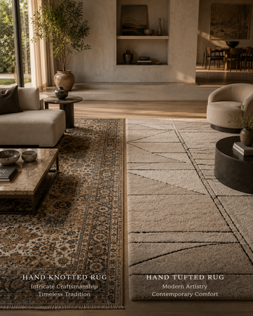 Comparison of hand knotted and hand tufted rugs in a luxury living room, showcasing craftsmanship, durability, texture, and contemporary interior design.