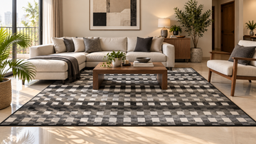 Geometric black, grey and cream grid rug styled beneath a wooden coffee table in a modern living room with a cream sectional sofa.