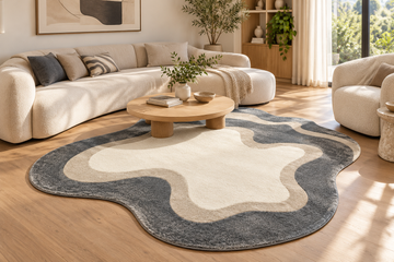 Cloudform organic-shaped rug in charcoal grey, beige and cream styled in a bright modern living room with a neutral sofa and wooden coffee table.