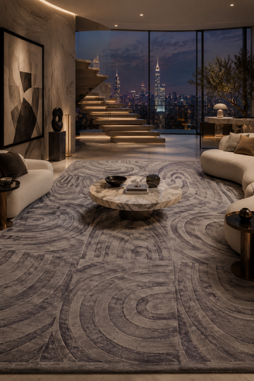 Lunar Arc Rug in Handloom Viscose Tencel Bamboo styled in a luxury contemporary penthouse featuring an embossed concentric arc pattern in elegant grey tones.