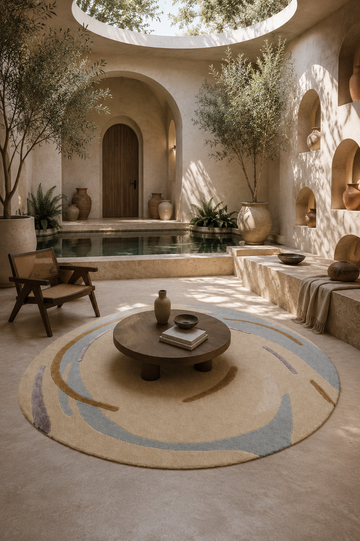 Contemporary round abstract rug styled in a luxury modern living room interior
