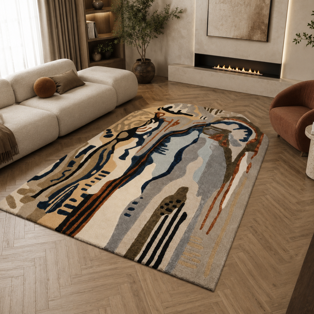 Modern abstract rug styled in a contemporary luxury living room interior

