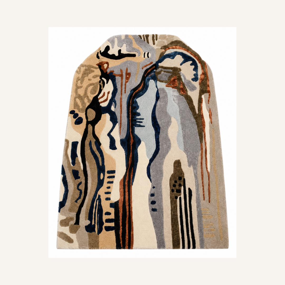 Abstract luxury designer rug with artistic navy and earthy patterns isolated on white background
