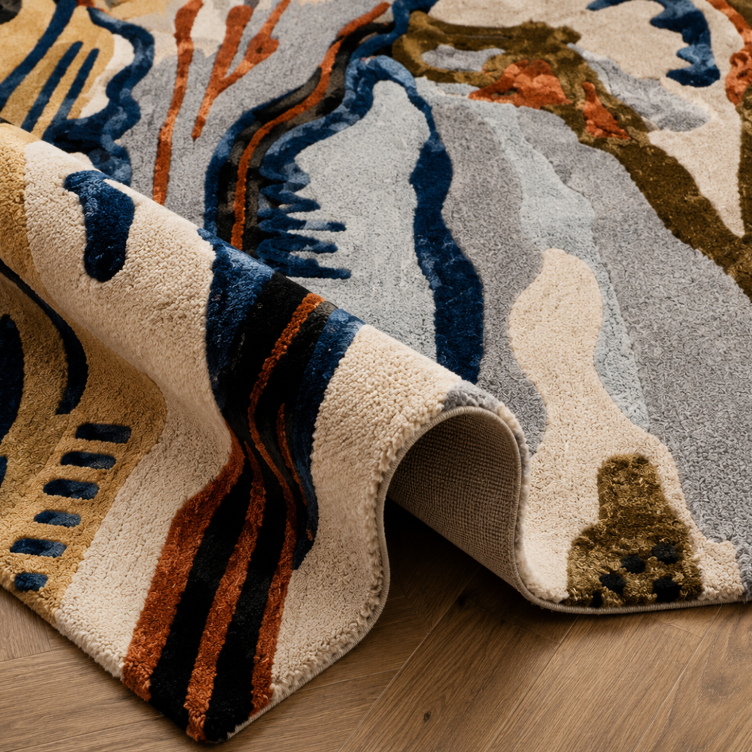 Close-up texture detail of hand tufted abstract designer rug