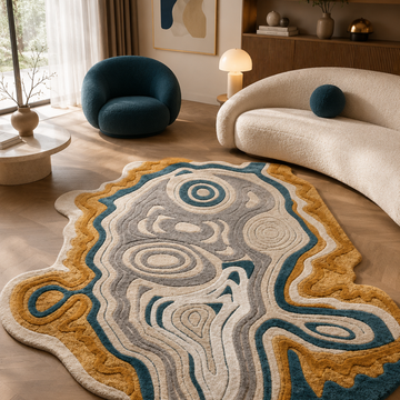 Luxury abstract contour pattern rug styled in a modern designer living room
