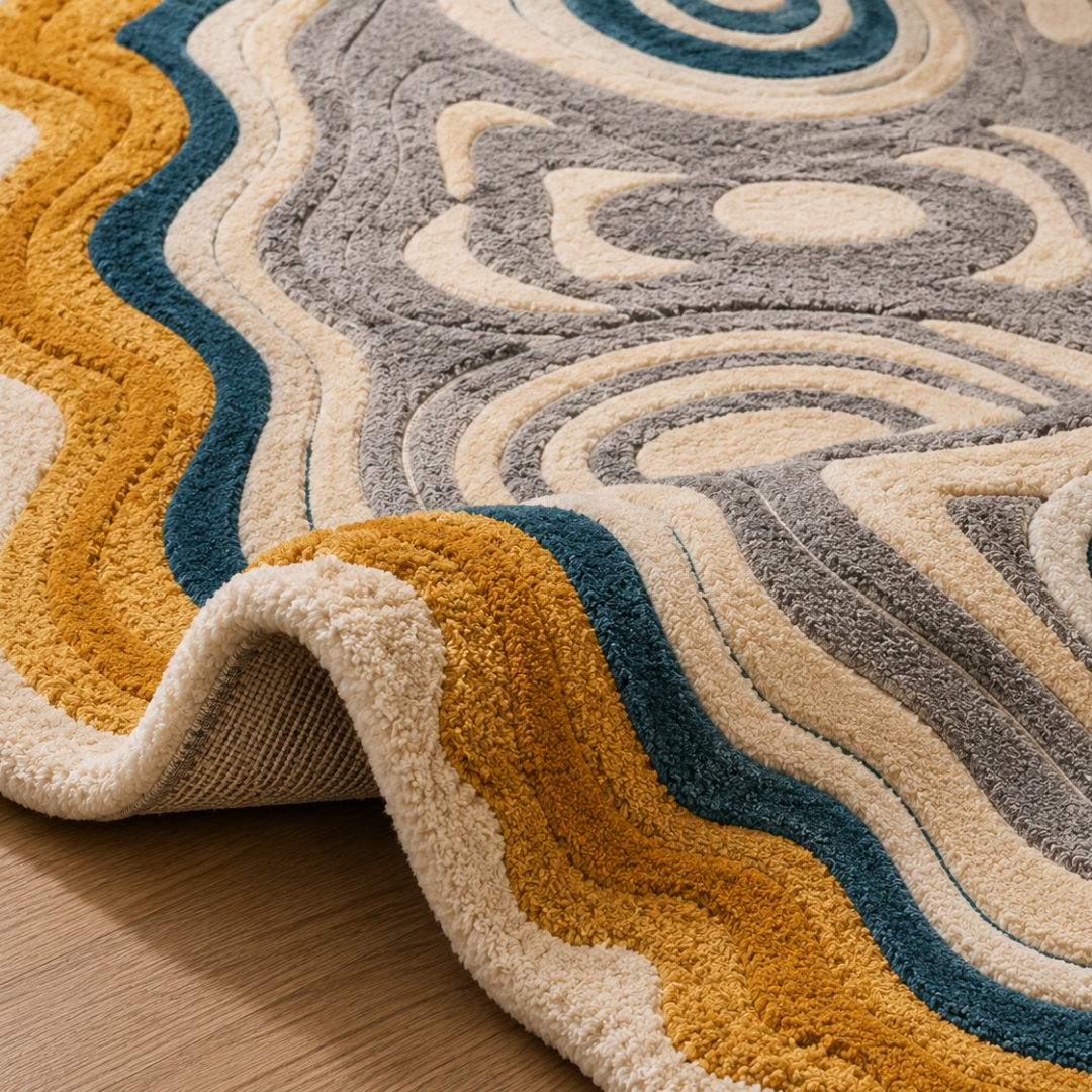 Close-up texture detail of hand tufted abstract contour rug