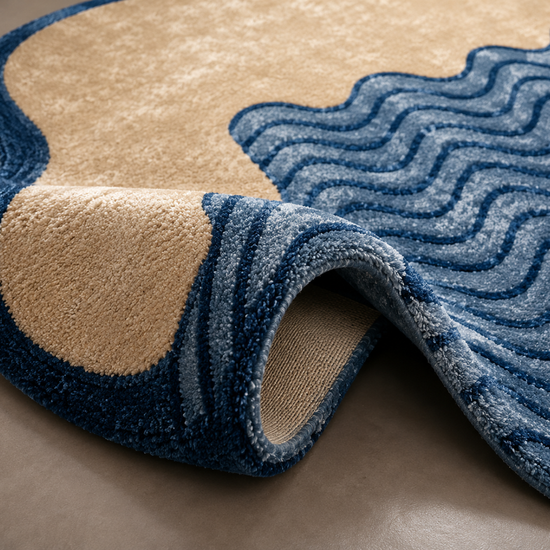 Close-up texture detail of sculpted wave hand tufted rug