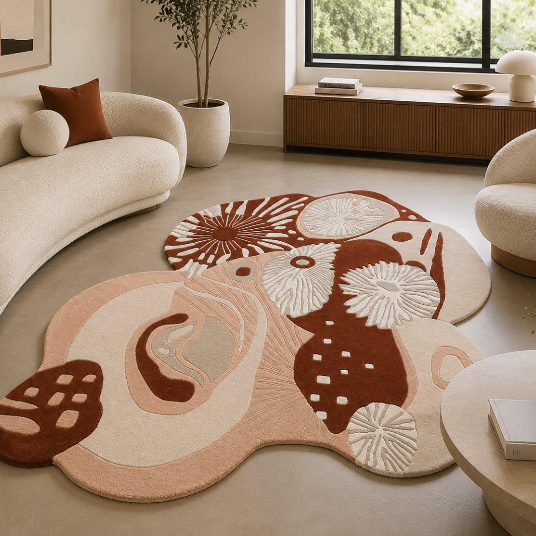 Luxury abstract floral rug in blush and terracotta tones placed in a modern living room

