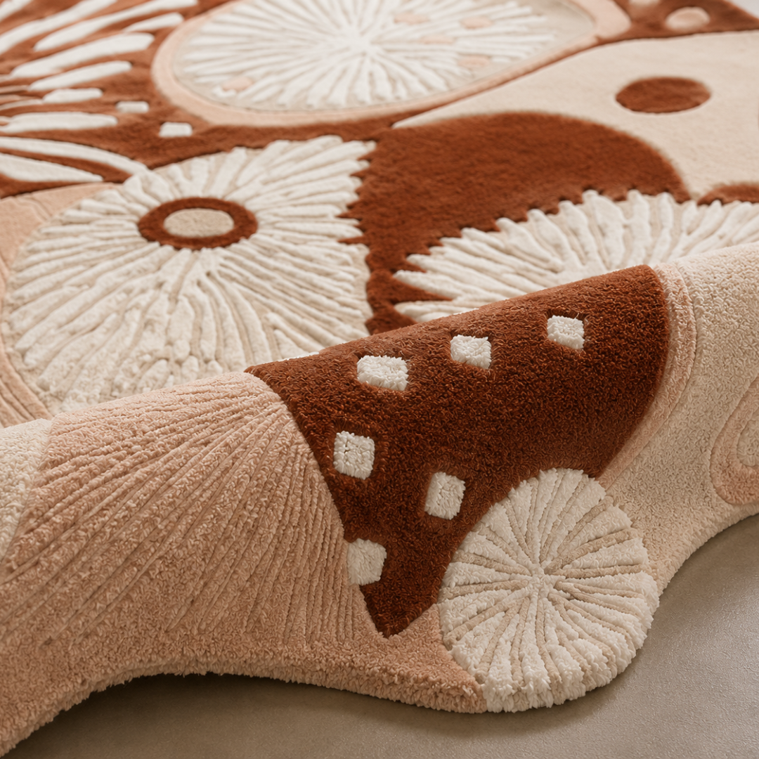 Close-up texture view of blush terracotta luxury hand tufted rug