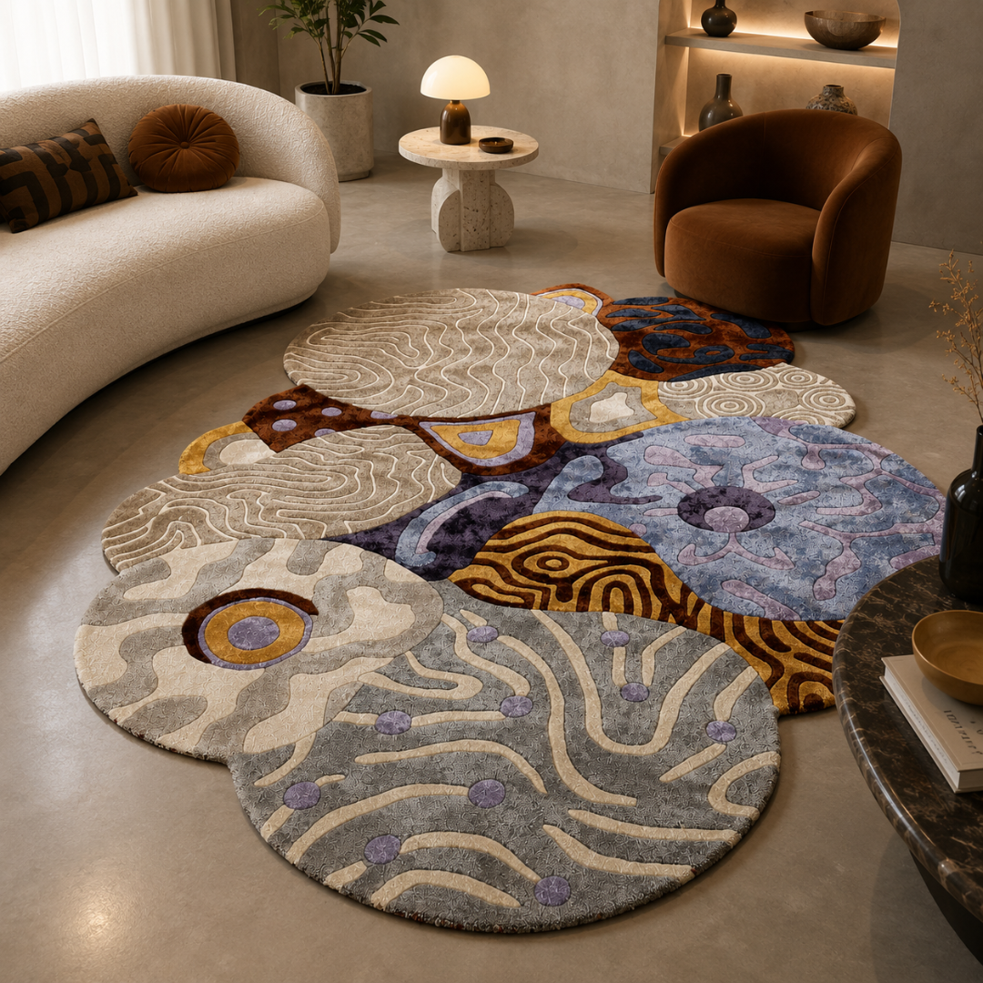 Luxury abstract hand tufted rug in modern designer living room interior