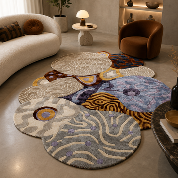 Luxury abstract hand tufted rug in modern designer living room interior