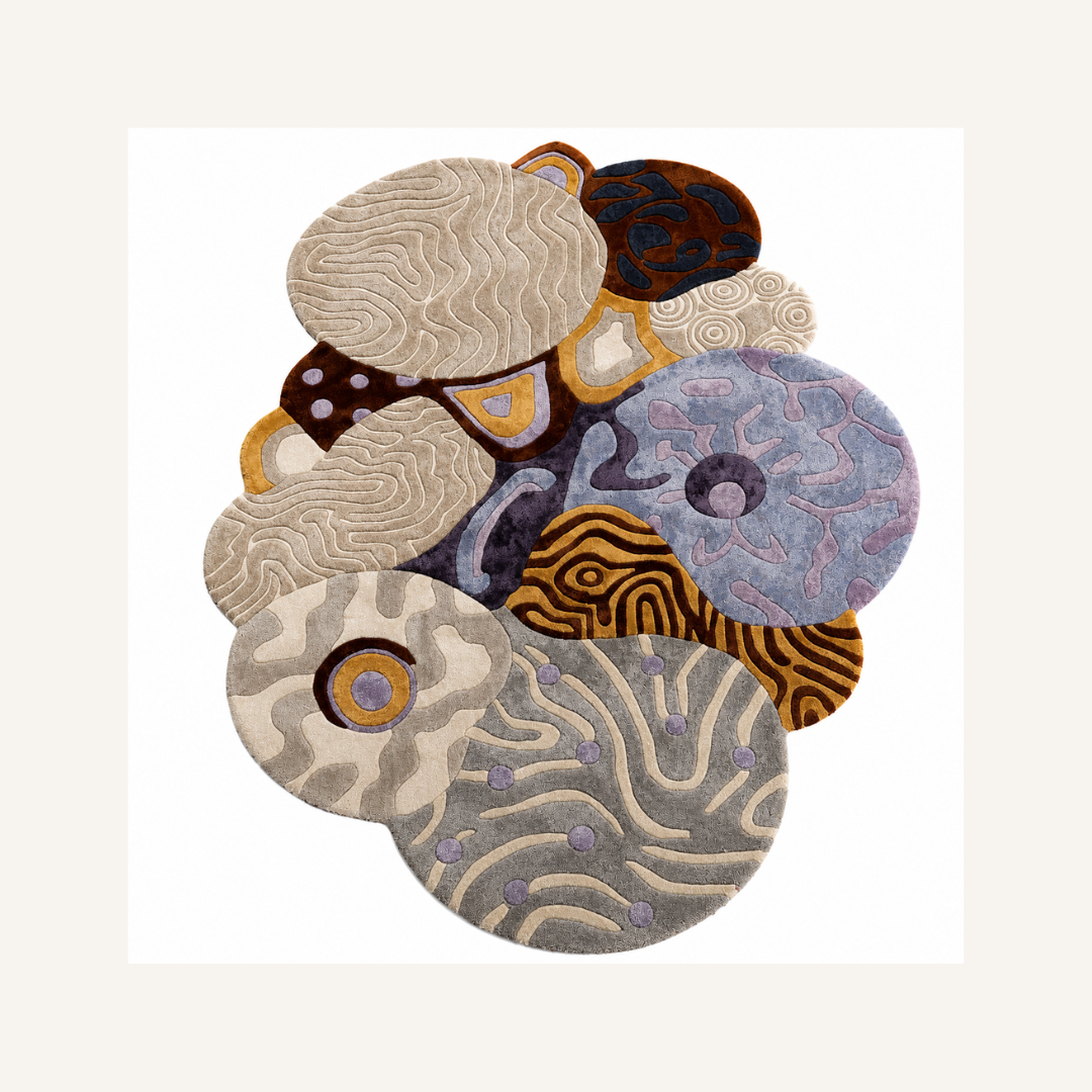 Modern abstract freeform hand tufted rug isolated on beige background