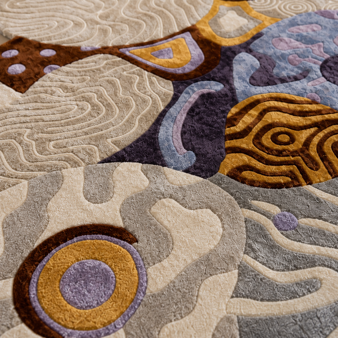 Close-up texture of luxury abstract hand tufted rug with sculpted detailing