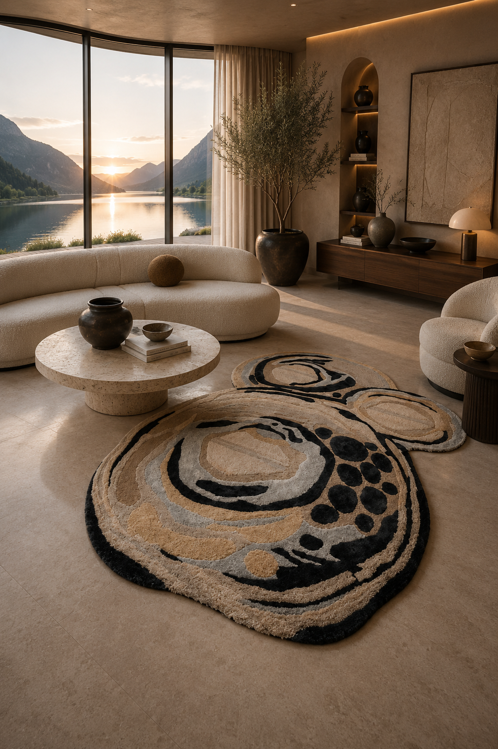 Luxury celestial-inspired abstract rug styled in a modern designer living room
