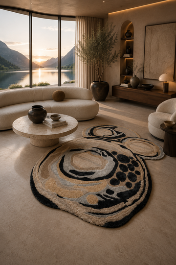 Luxury celestial-inspired abstract rug styled in a modern designer living room
