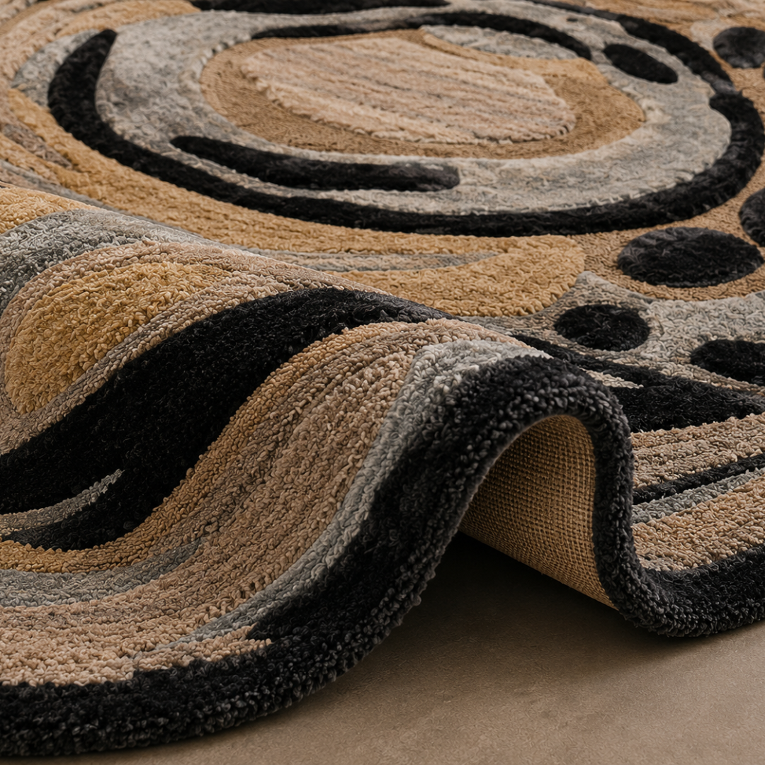 Close-up texture detail of hand tufted orbital abstract rug
