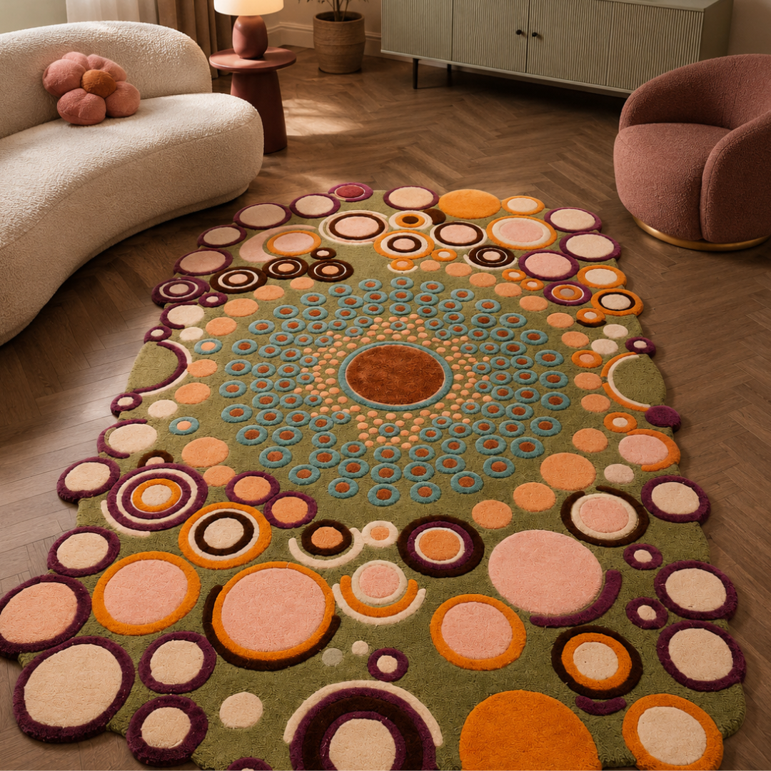 Luxury artistic abstract rug styled in a modern designer living room

