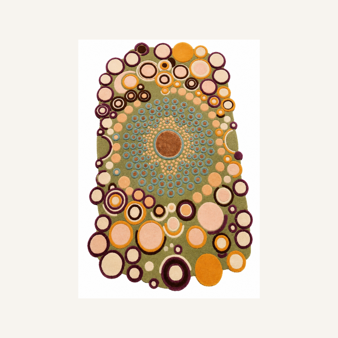 Luxury artistic abstract rug styled in a modern designer living room
