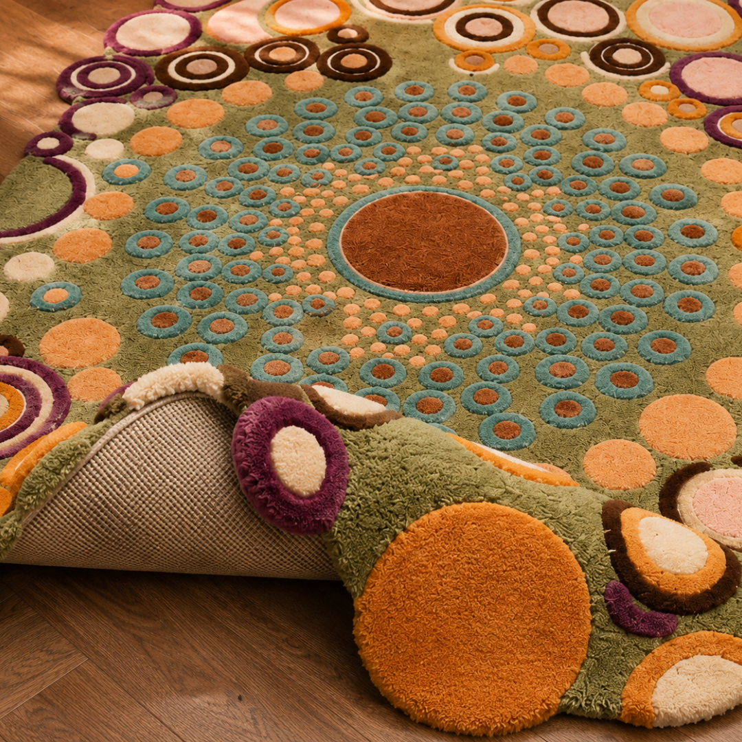 Close-up texture detail of colorful hand tufted artistic rug