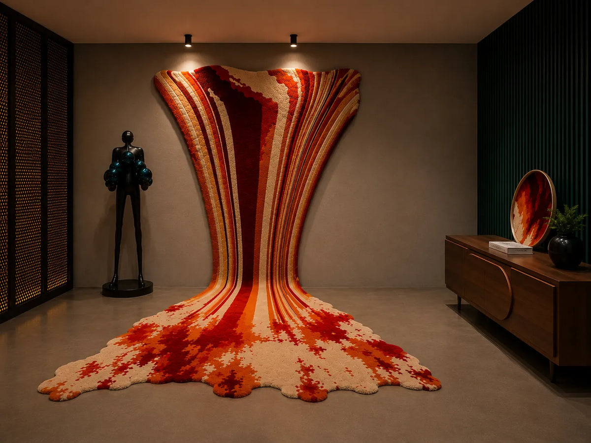 Abstract red and orange sculptural rug displayed on a wall and floor in a modern interior