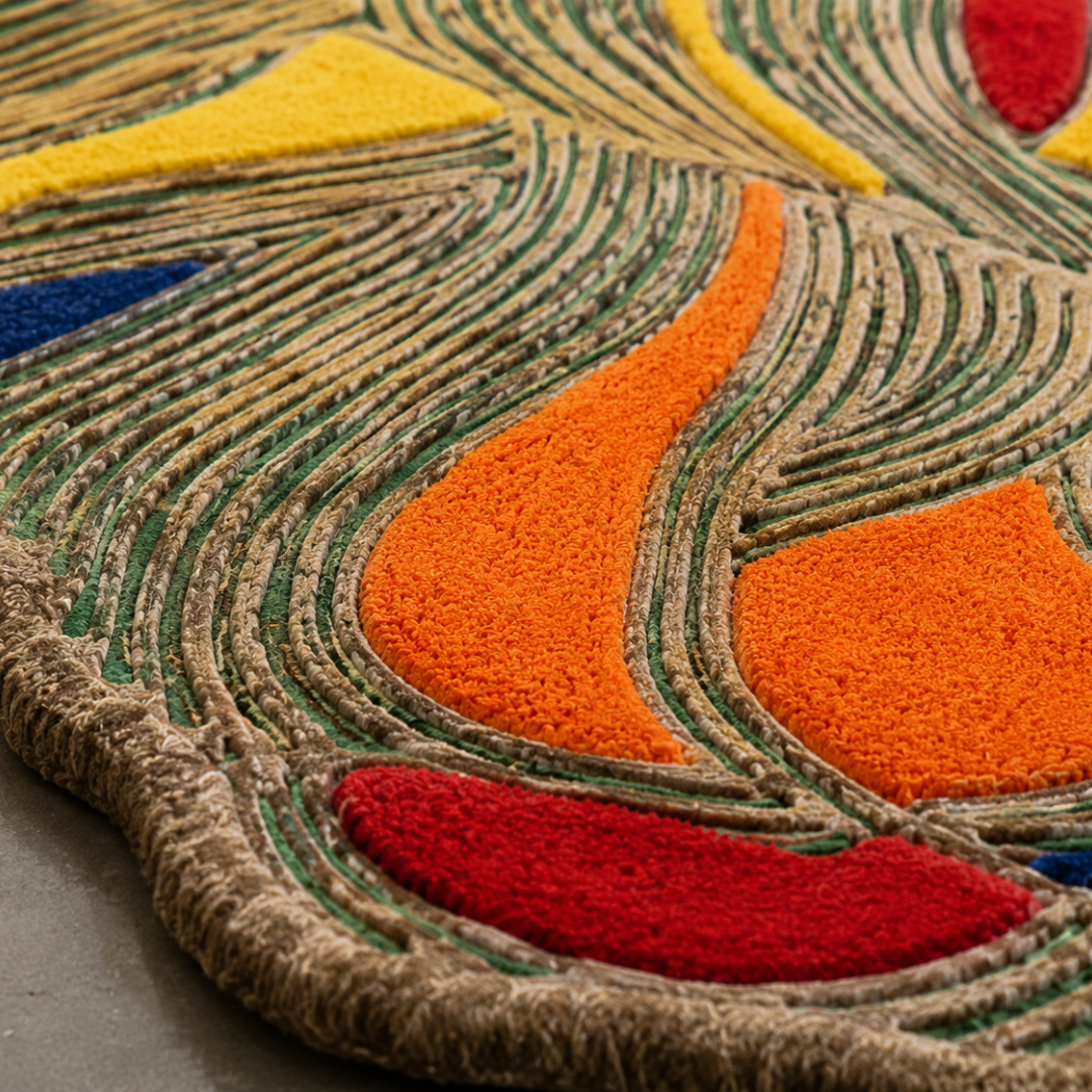 Close-up texture of colorful sculpted hand tufted designer rug