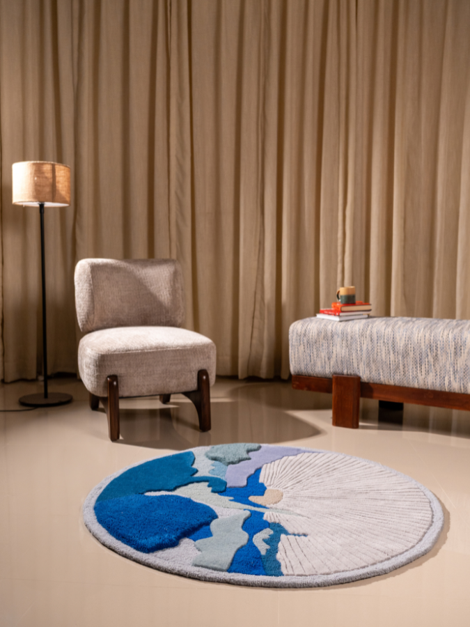 Blue Round New Zealand Wool Hand Tufted Rug