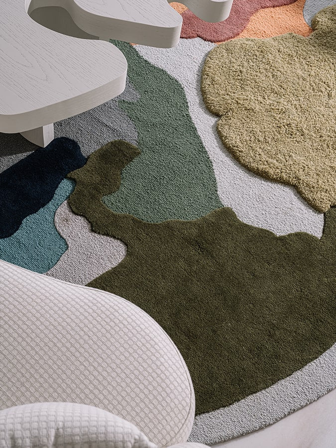 Off White & Green Round New Zealand Wool Hand Tufted Rug