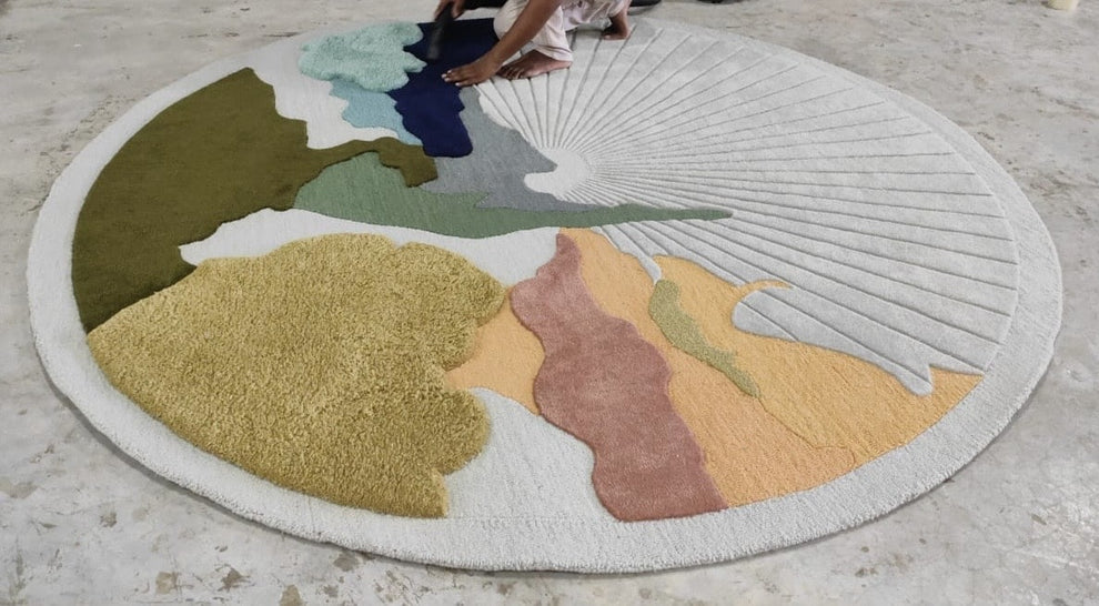 Off White & Green Round New Zealand Wool Hand Tufted Rug