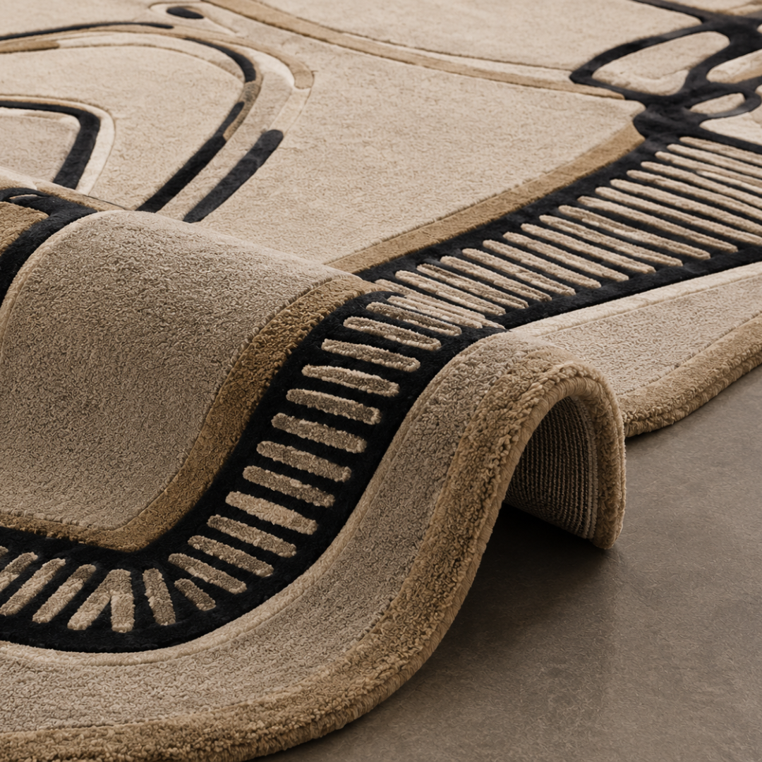Close-up texture detail of hand tufted abstract contour rug