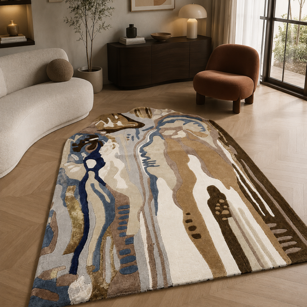 Luxury abstract earth tone rug styled in a modern designer living room
