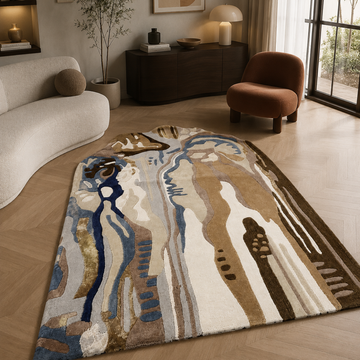 Luxury abstract earth tone rug styled in a modern designer living room
