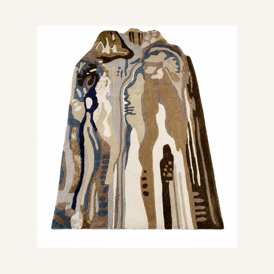 Luxury abstract earth tone rug styled in a modern designer living room
