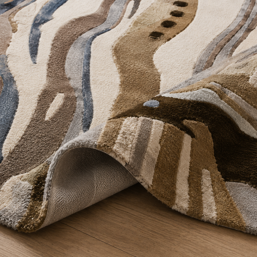 Close-up texture detail of hand tufted earth tone abstract rug