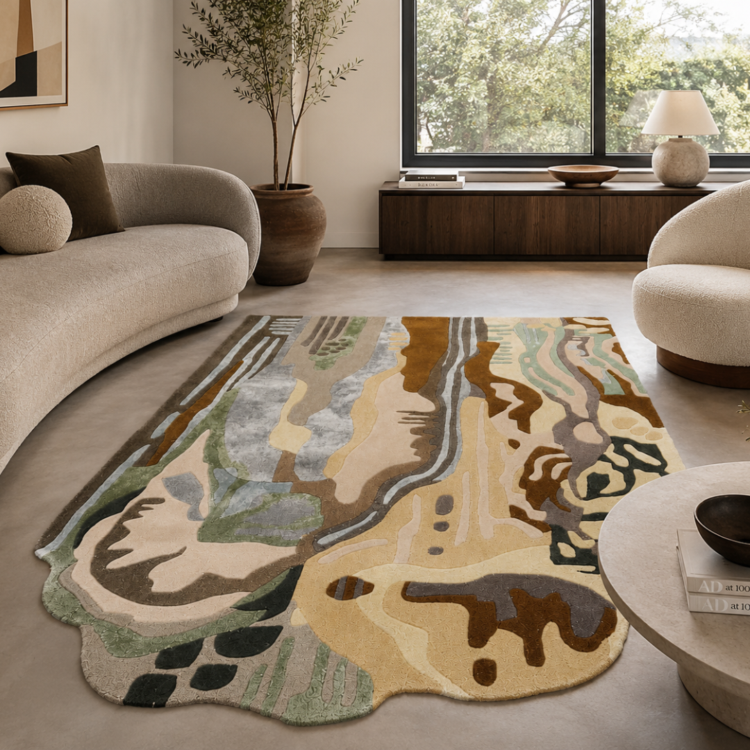Luxury abstract earthy rug placed in a modern designer living room
