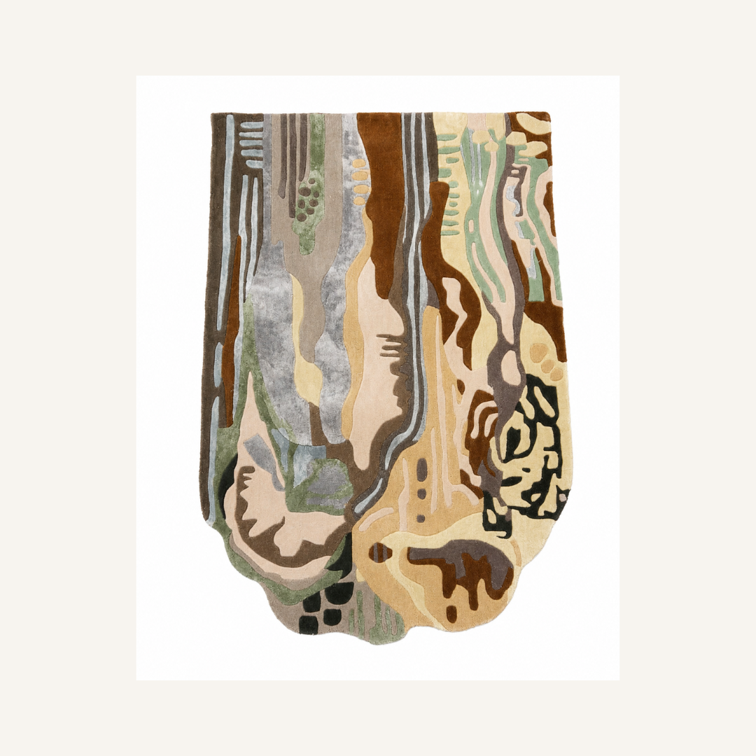 Luxury abstract earthy rug placed in a modern designer living room

