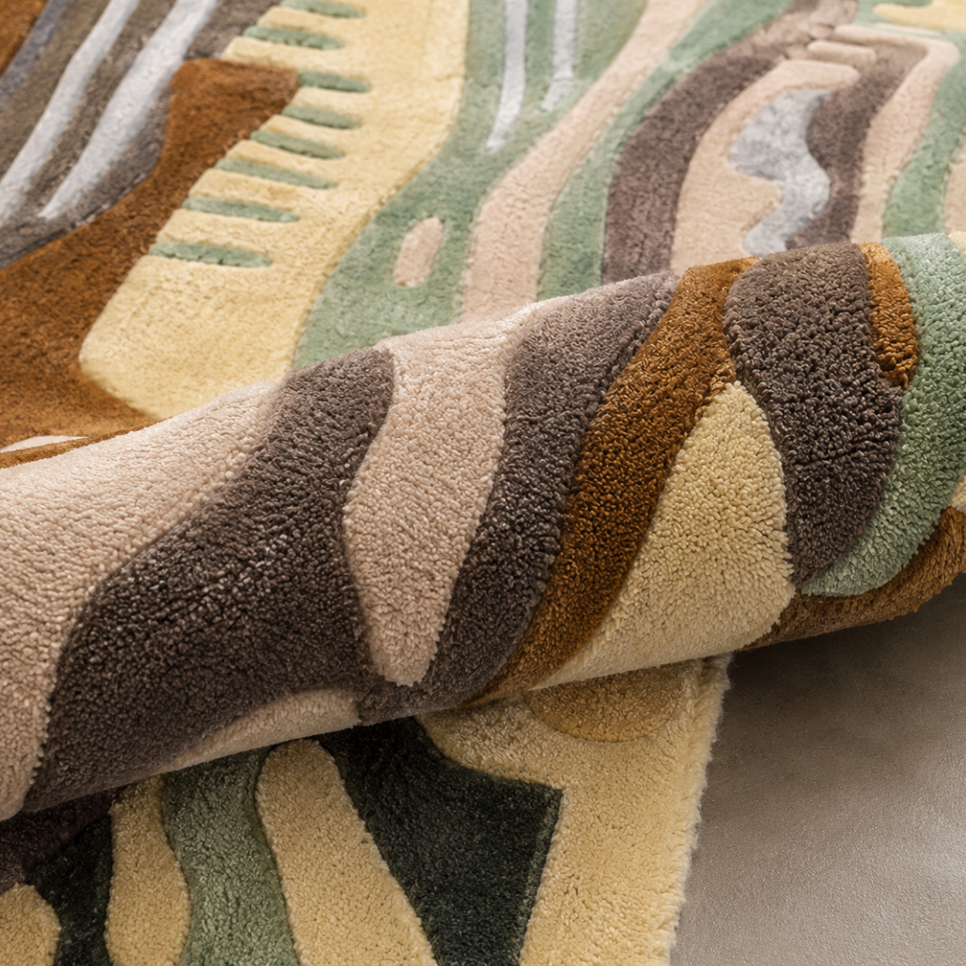 Close-up texture view of luxury abstract earthy designer rug