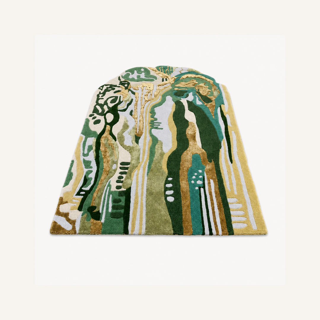 Luxury green abstract hand tufted rug isolated on beige background
