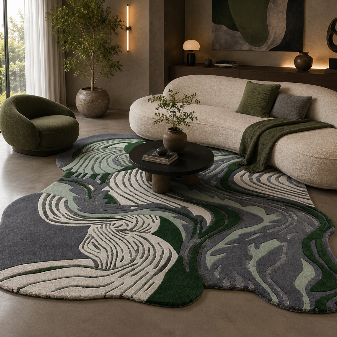 Luxury emerald abstract designer rug styled in a modern contemporary living room
