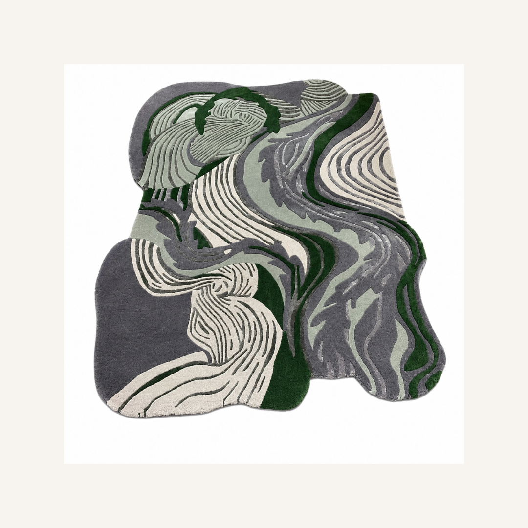 Irregular shaped green abstract designer rug isolated on white background
