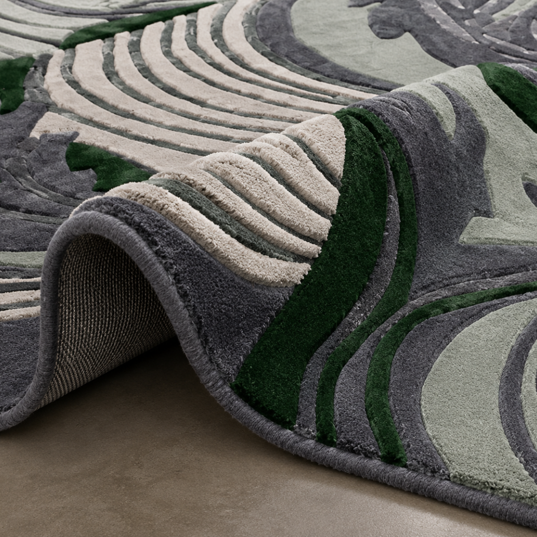 Close-up texture detail of hand tufted emerald abstract luxury rug
