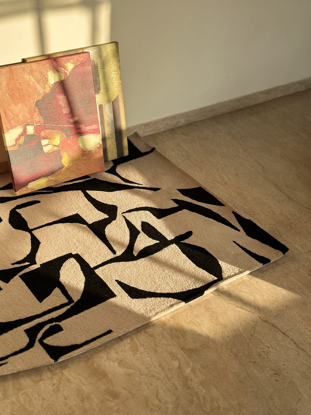 Beige & Black Wool Hand Tufted Rug