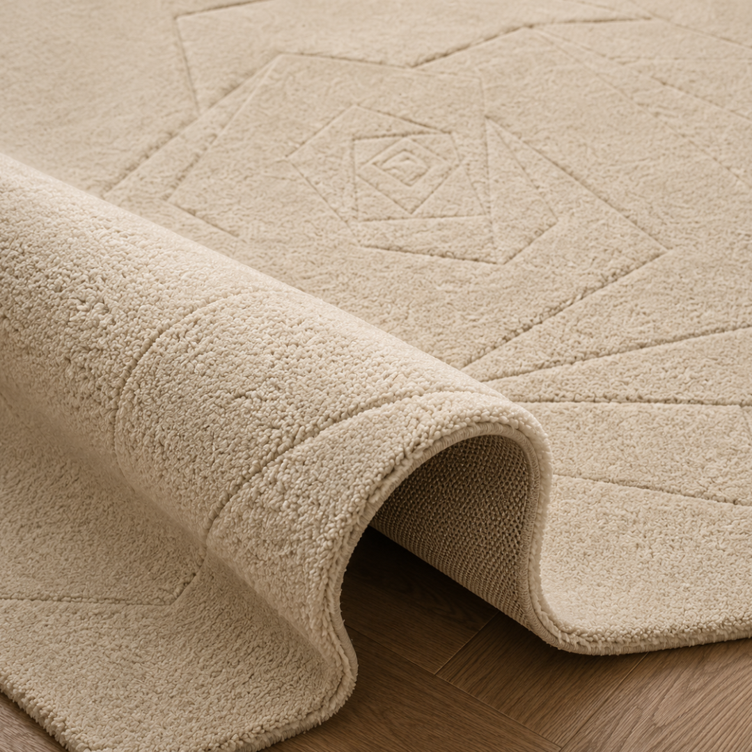 Close-up texture detail of hand tufted ivory geometric rug