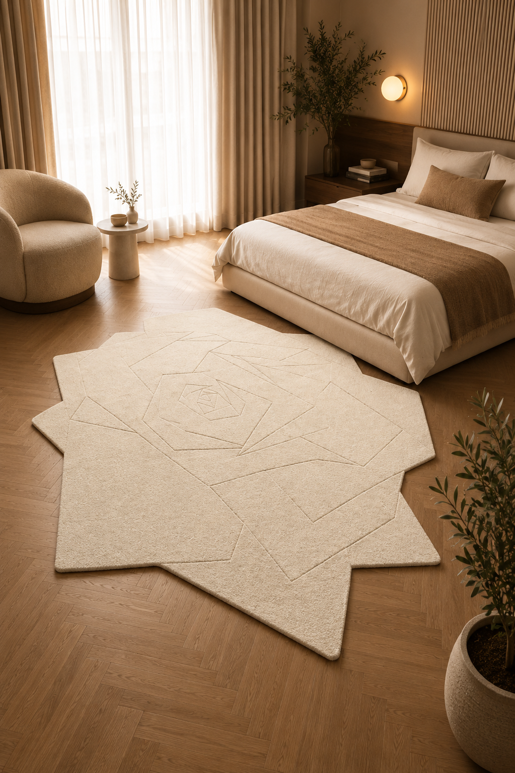 Luxury ivory abstract rug styled in a modern bedroom interior
