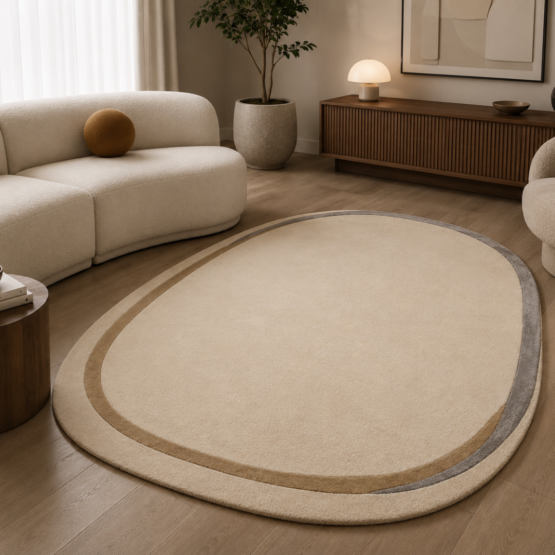 Luxury ivory minimalist oval rug in a modern neutral living room
