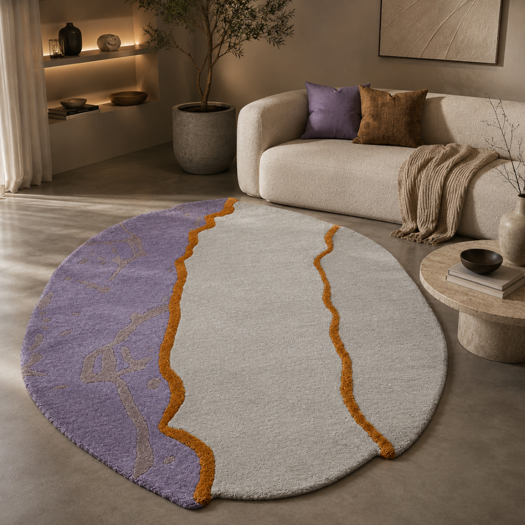 Modern oval designer rug styled in a luxury contemporary living room
