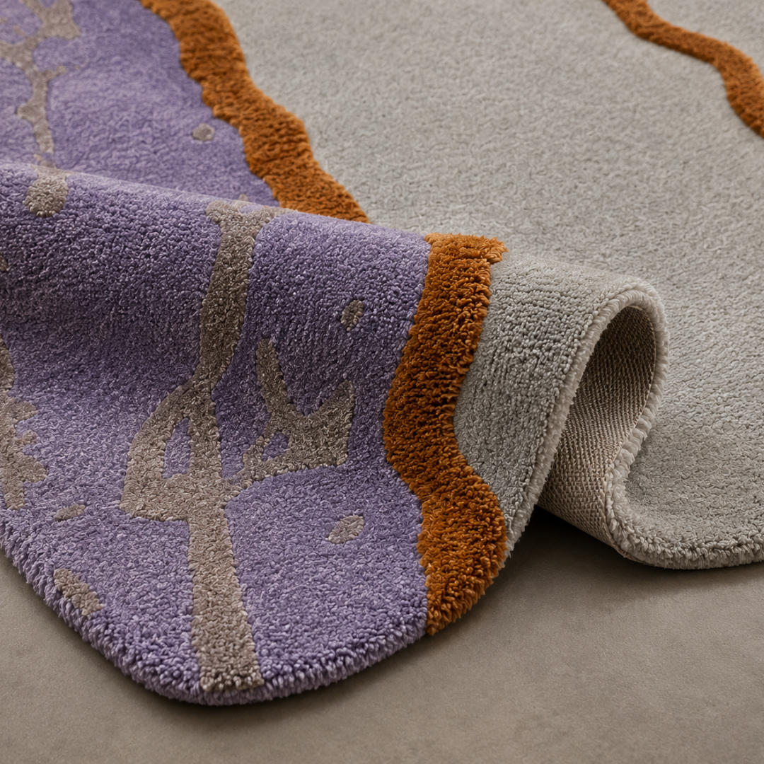 Close-up texture detail of hand tufted oval abstract rug