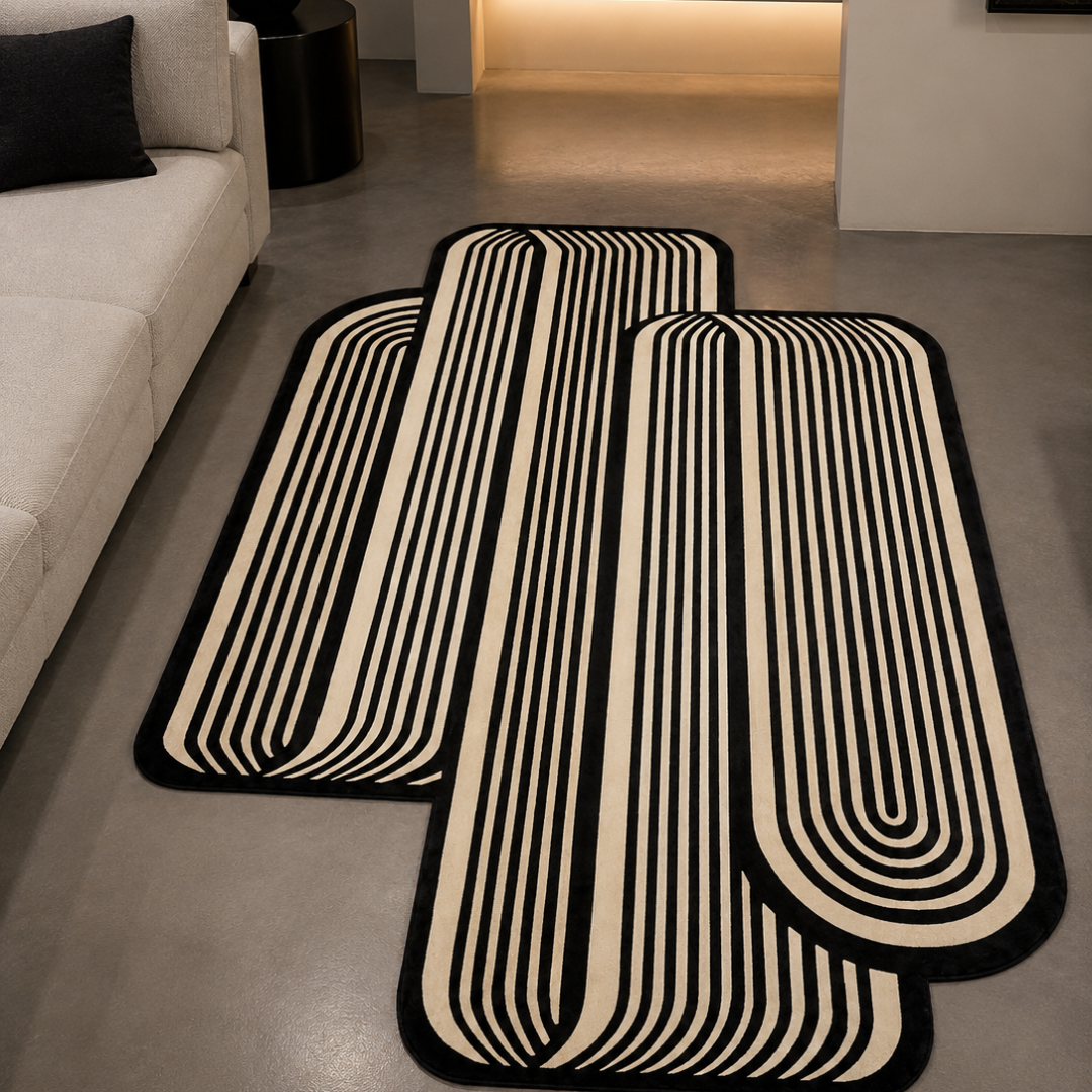 Luxury monochrome linear hand tufted rug in modern living room
