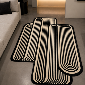 Luxury monochrome linear hand tufted rug in modern living room
