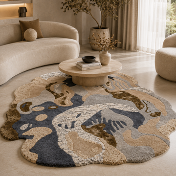 Luxury abstract hand tufted rug in modern beige living room