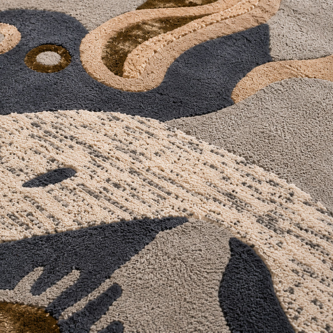 Close-up texture of high pile abstract bamboo silk rug